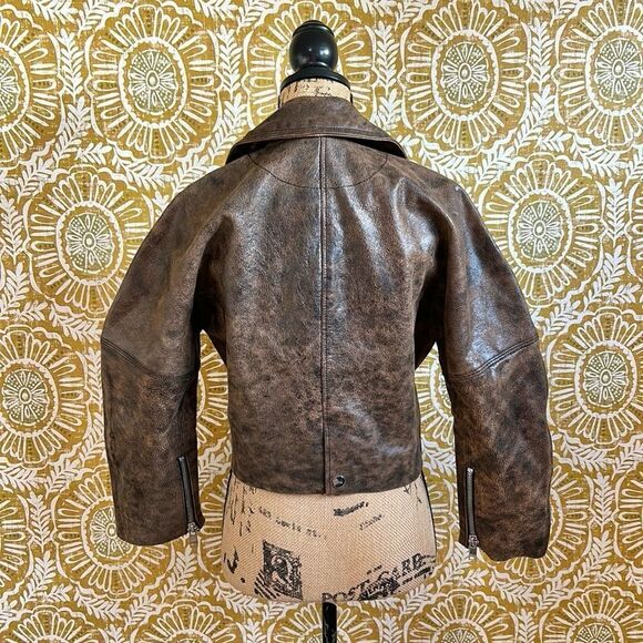 GANNI Washed Perfecto Brown Leather Cropped Biker Jacket size 36 US S Sold Out - Picture 11 of 16